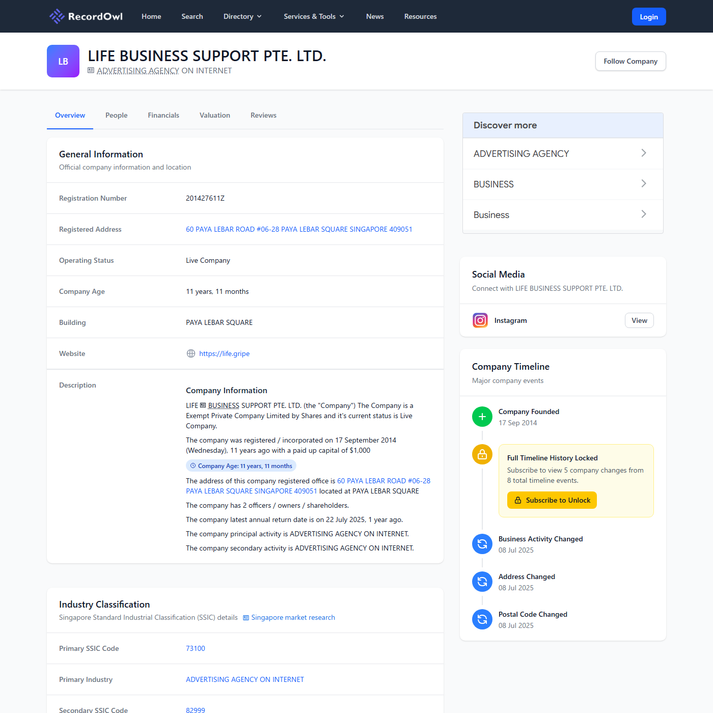 LIFE BUSINESS SUPPORT PTE. LTD.の登記情報