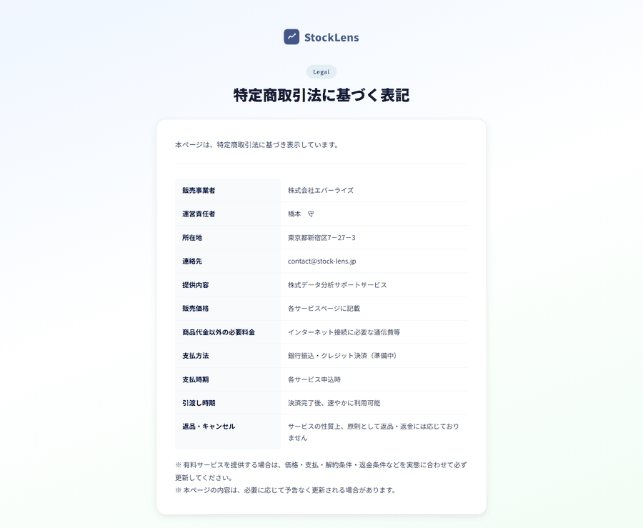 ストックレンズの特定商取引法に基づく表記